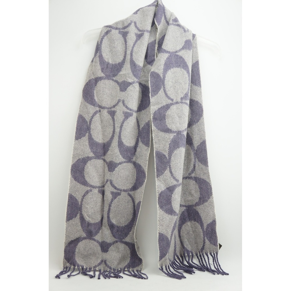 Coach Scarf OS Purple Signature Logo Wool Cashmere Blend Fringe Excellent
